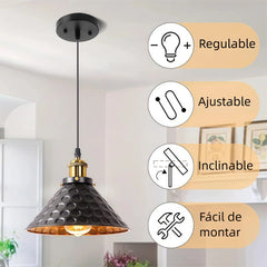 Lámpara colgante industrial negra LED cónica regulable en altura para comedor