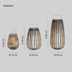 Lámpara solar de pie exterior LED IP65 tipo farol con efecto bambú para terraza