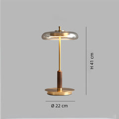 Lámpara de mesa vintage con LED, vidrio y madera de nogal para salón