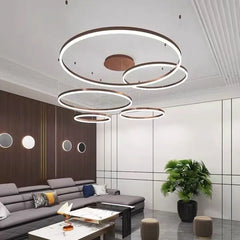Lámpara colgante de círculos LED regulable de metal moderna para salón