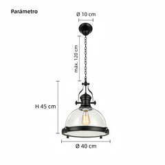 Lámpara colgante industrial negra con pantalla de vidrio en forma de campana para comedor