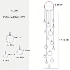 Lámpara colgante de anillos nórdica LED regulable de madera para escalera