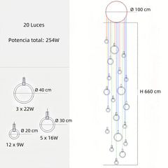 Lámpara colgante de anillos nórdica LED regulable de madera para escalera