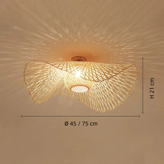 Lámpara de techo de ratán LED boho natural forma sombrero para dormitorio