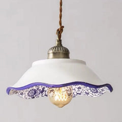 Lámpara Colgante Cerámica Blanca Vintage Estampada Azul para Comedor