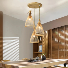Lámpara Colgante de Rattan de Tres Luces Estilo Chino para Comedor