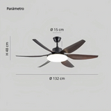 Ventilador de techo con luz 6 aspas moderno silencioso con motor DC y mando a distancia 132 cm para salón