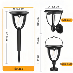 Lámpara solar de exterior farol negra LED IP65 pack de 2