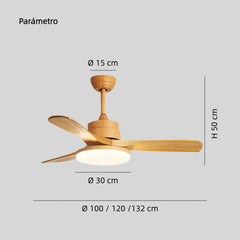 Ventilador de techo con luz LED acabado madera 3 aspas 6 velocidades Ø100/120/130 cm