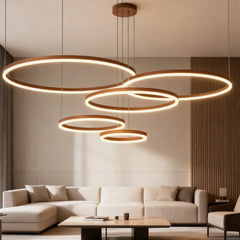 Lámpara colgante de círculos LED regulable de metal moderna para salón