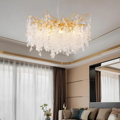 Lámpara de araña de cristal moderna dorada con LED diseño de pétalos para salón