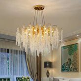 Lámpara de araña de cristal dorada elegante diseño floral para comedor