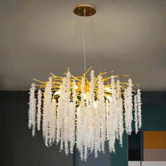 Lámpara de araña de cristal dorada elegante diseño floral para comedor