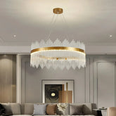 Lámpara colgante circular de cristal dorada regulable para salón moderno
