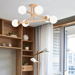 Lámpara de techo Sputnik de madera LED regulable para dormitorio, 4/6/8 luces