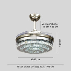 Ventilador de techo cristal LED con aspas retráctiles para salón Ø48 cm
