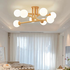 Lámpara de techo Sputnik de madera LED regulable para dormitorio, 4/6/8 luces