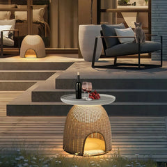 Lámpara de pie de ratán natural LED exterior para terraza con cama para gatos