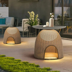 Lámpara de pie de ratán natural LED exterior para terraza con cama para gatos