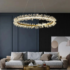Lámpara colgante de cristal LED dorada con diseño de anillos elegante