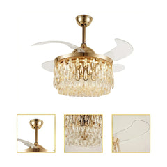 Ventilador de techo con luz LED y aspas plegables dorado con cristal Ø107 cm