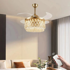 Ventilador de techo con luz LED y aspas plegables dorado con cristal Ø107 cm