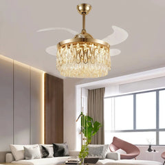 Ventilador de techo con luz LED y aspas plegables dorado con cristal Ø107 cm