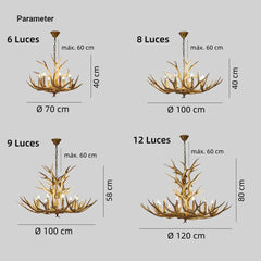 Lámpara araña rústica de cuernos de ciervo con múltiples luces para salón