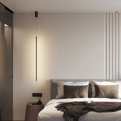 Lámpara colgante lineal LED negra minimalista con luz suave para mesita de noche