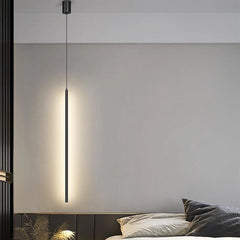 Lámpara colgante lineal LED negra minimalista con luz suave para mesita de noche