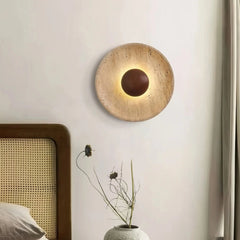 Aplique de pared de travertino redondo Wabi-Sabi Ø25 cm para dormitorio