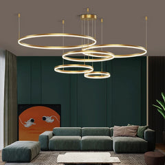 Lámpara colgante de círculos LED regulable de metal moderna para salón