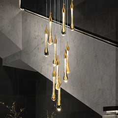 Lámpara colgante gota de cristal dorado LED moderna para escaleras