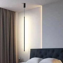 Lámpara colgante lineal LED negra minimalista con luz suave para mesita de noche