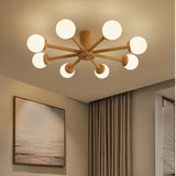 Lámpara de techo Sputnik LED regulable de madera para dormitorio, 6/8 luces