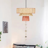 Lámpara colgante de rafia boho LED regulable en altura para comedor