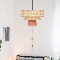 Lámpara colgante de rafia boho LED regulable en altura para comedor