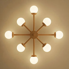 Lámpara de techo Sputnik LED regulable de madera para dormitorio, 6/8 luces