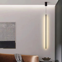 Lámpara colgante lineal LED negra minimalista con luz suave para mesita de noche