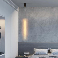 Lámpara colgante lineal LED negra minimalista con luz suave para mesita de noche