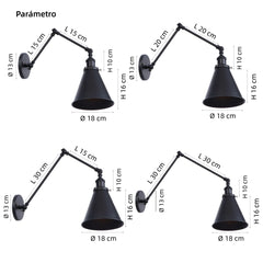 Aplique de pared con brazo articulado industrial de metal para mesilla de noche