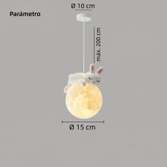 Lámpara colgante infantil con diseño de conejo lunar LED de resina para mesita de noche