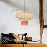 Lámpara colgante de rafia boho LED regulable en altura para comedor