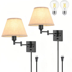 Aplique de pared de tela LED articulado con enchufe para mesita de noche