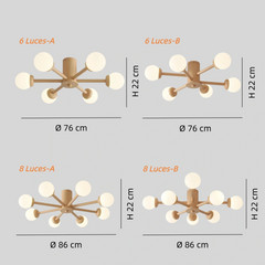 Lámpara de techo Sputnik LED regulable de madera para dormitorio, 6/8 luces
