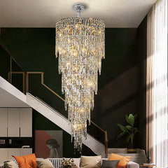 Lámpara colgante para escalera de cristal plateado grande con LED de lujo