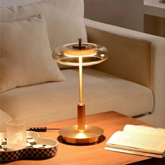 Lámpara de mesa vintage con LED, vidrio y madera de nogal para salón