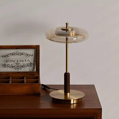 Lámpara de mesa vintage con LED, vidrio y madera de nogal para salón