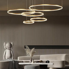 Lámpara colgante de círculos LED regulable de metal moderna para salón