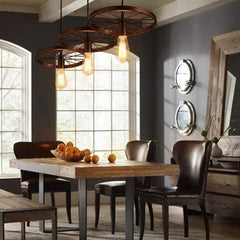 Lámpara colgante de hierro estilo industrial vintage en forma de rueda